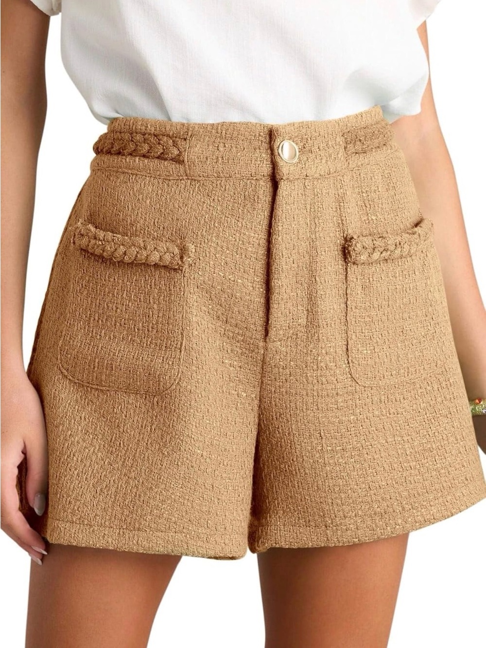 High-Rise Camel Tweed Bermuda Shorts